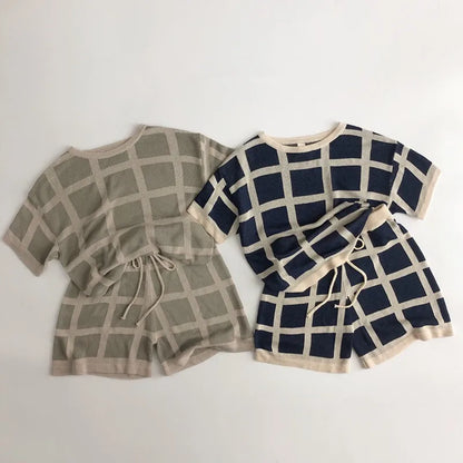 Toddler Boys Girls Clothes Sets Loose Plaid Short-sleeved T-shirt And Knitted Shorts