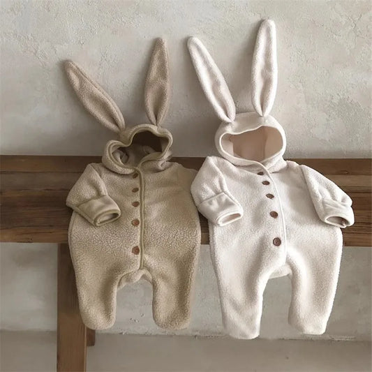 Girl Baby Fleece Cute Rabbit Ears Cardigan Romper Boy Infant Solid Jumpsuit