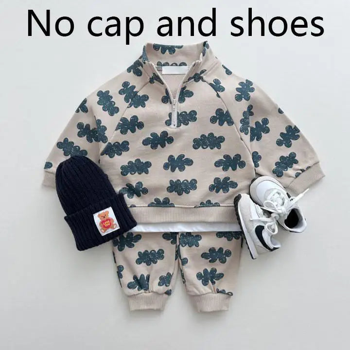 Baby Fashion Print Sweatshirt Set Boy Girl Infant Retro Casual Tops + Pencil Pants