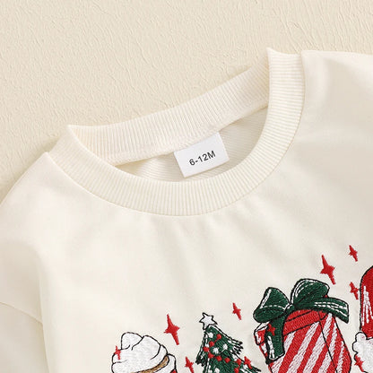 Girl Boy Letter Christmas Tree Embroidery Long Sleeve Sweatshirt with Solid Color Pants