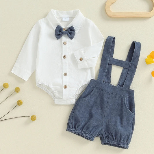 Baby Boy  Lapel Neck Romper with Suspender Shorts and Bow Tie 3Pcs