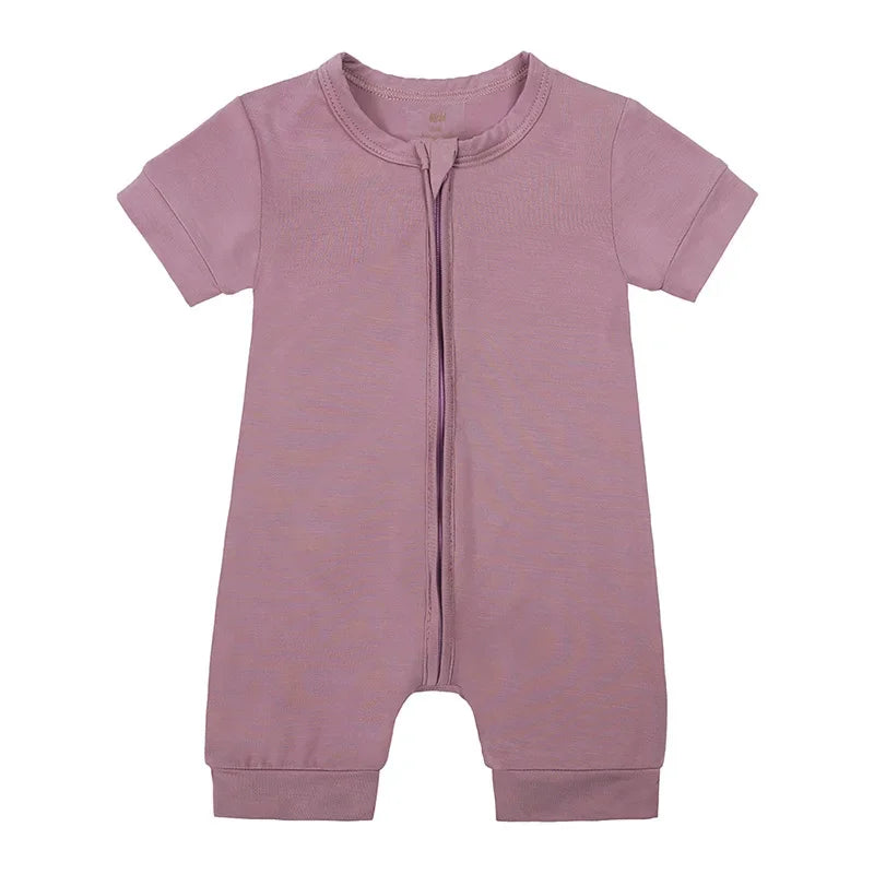 Baby Romper Bamboo Fiber 0-24Month Kids Material Short Sleeve Zipper Onesie Solid Color Bodysuits