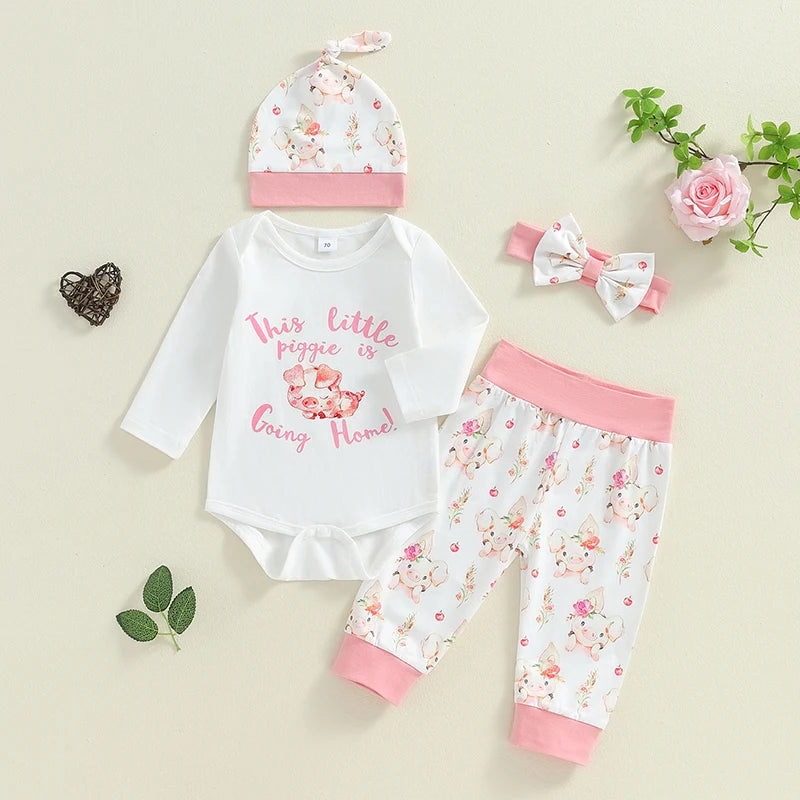 Baby Girls Letter Print Romper Pig Print Long Pants Headband Hat 4Pcs Clothes Set