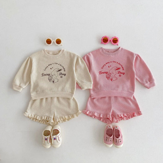 Girls Baby Rabbit Tops + Solid Shorts 2pcs Cotton Children Waffle Sweatshirt Suit