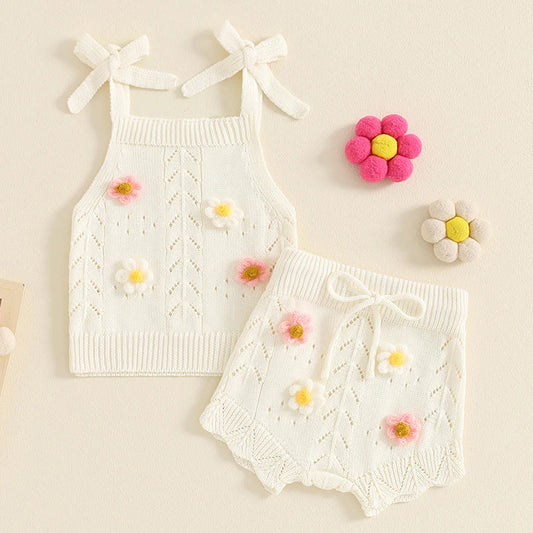 Baby Girls Tie-up Top + Camisole Elastic Waist Shorts Flower Pattern 2Pcs