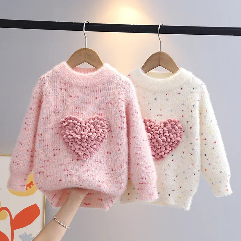 Love Heart O-Neck Pullovers Loose Colorful Spot Sweater Top New Girl Clothes