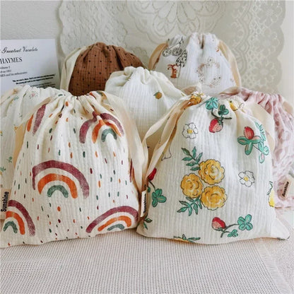 Printed Flower Mommy Bag Baby Diaper Bag Cotton Nappy String Pocket Storage Bag