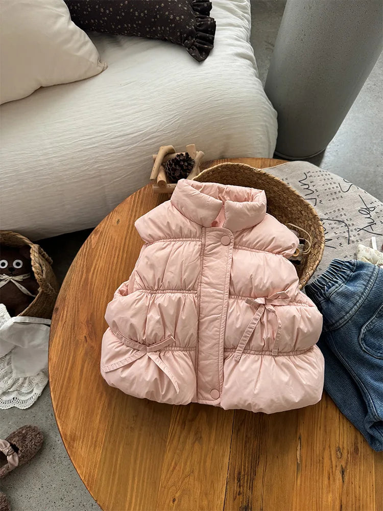 Children Girls Down Vest Cute Bow Thick Coat Versatile Warm Kids Clothes