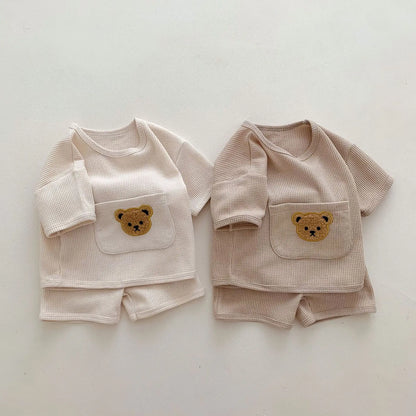 Newborn Baby Clothing Sets Waffle Bear Tee And Shorts 2 Pcs Suit