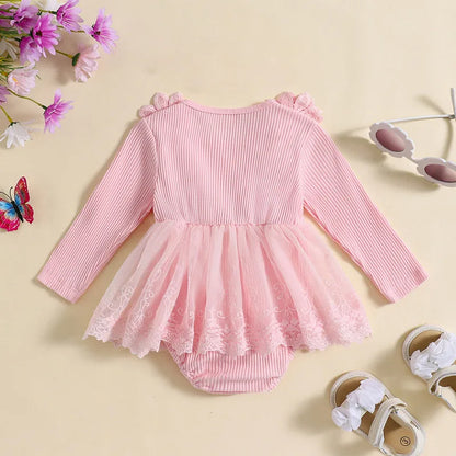 Baby Girl Bodysuit Cute 3D Bow Flower Patchwork Lace Ribbed Jumpsuit