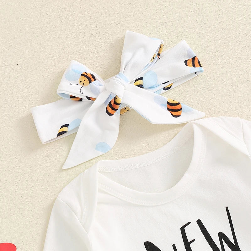 Boy Girl, Letter Print Romper Bee Print Pants Hat Headband 4 Piece Baby Set