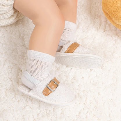 Baby Girl Boy Walking Shoes Fleece Lined Closed Toe Sandal Slippers with Decorative Buckle