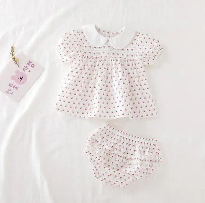 Baby Girls Short Sleeve Pure Color T-shirt +Printing Shorts Suit Sweet