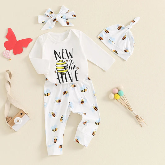 Boy Girl, Letter Print Romper Bee Print Pants Hat Headband 4 Piece Baby Set