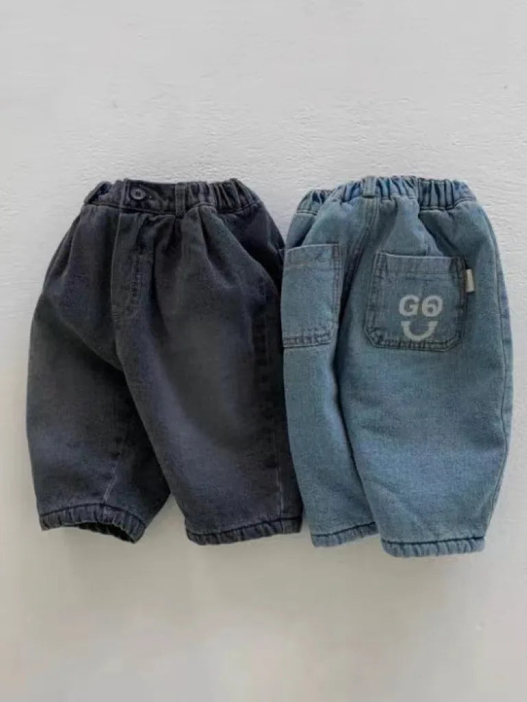 Baby Plus Velvet Thick Denim Trousers Children Windproof Warm Casual Pants