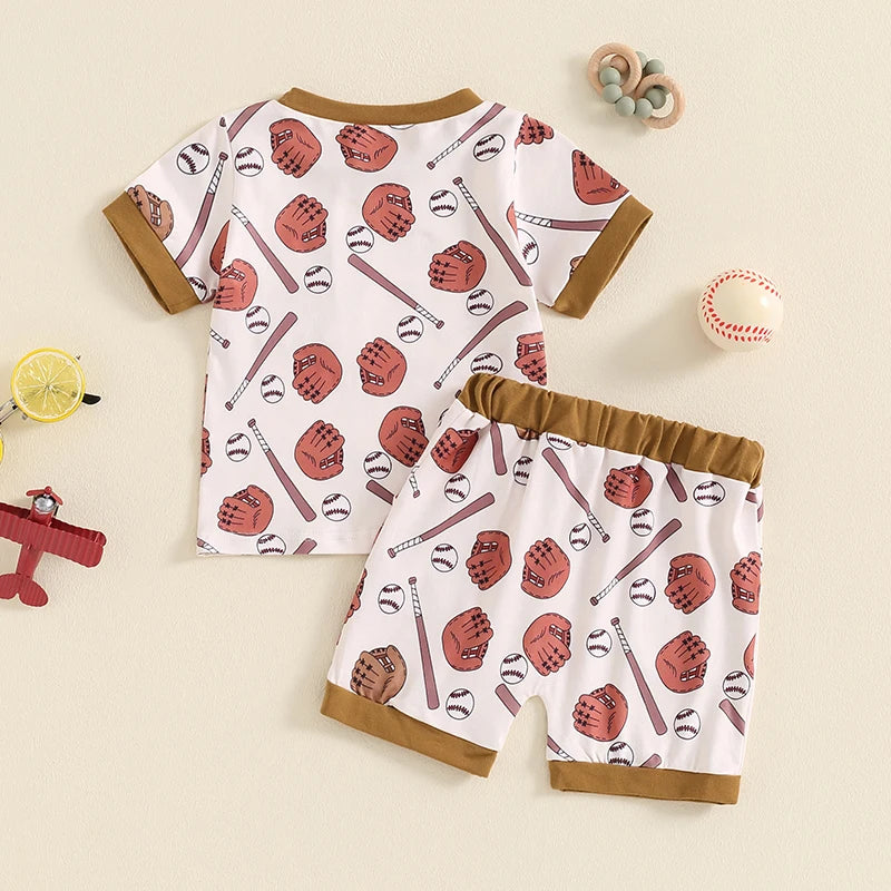 Baby Boys Shorts Set, Baseball Print Short Sleeve T-shirt with Elastic Waist Shorts