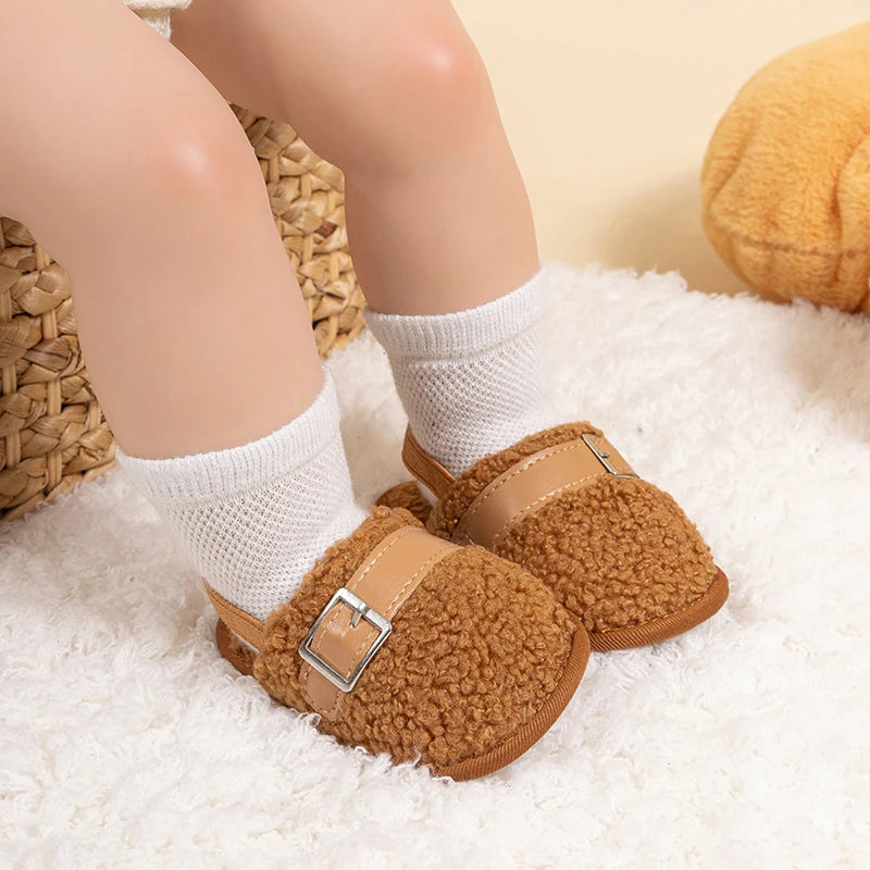 Baby Girl Boy Walking Shoes Fleece Lined Closed Toe Sandal Slippers with Decorative Buckle