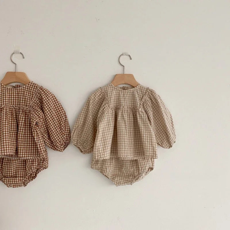 Baby Girls Set Cotton Plaid Blouse and PP Shorts Sets for Kids Infant Outfits