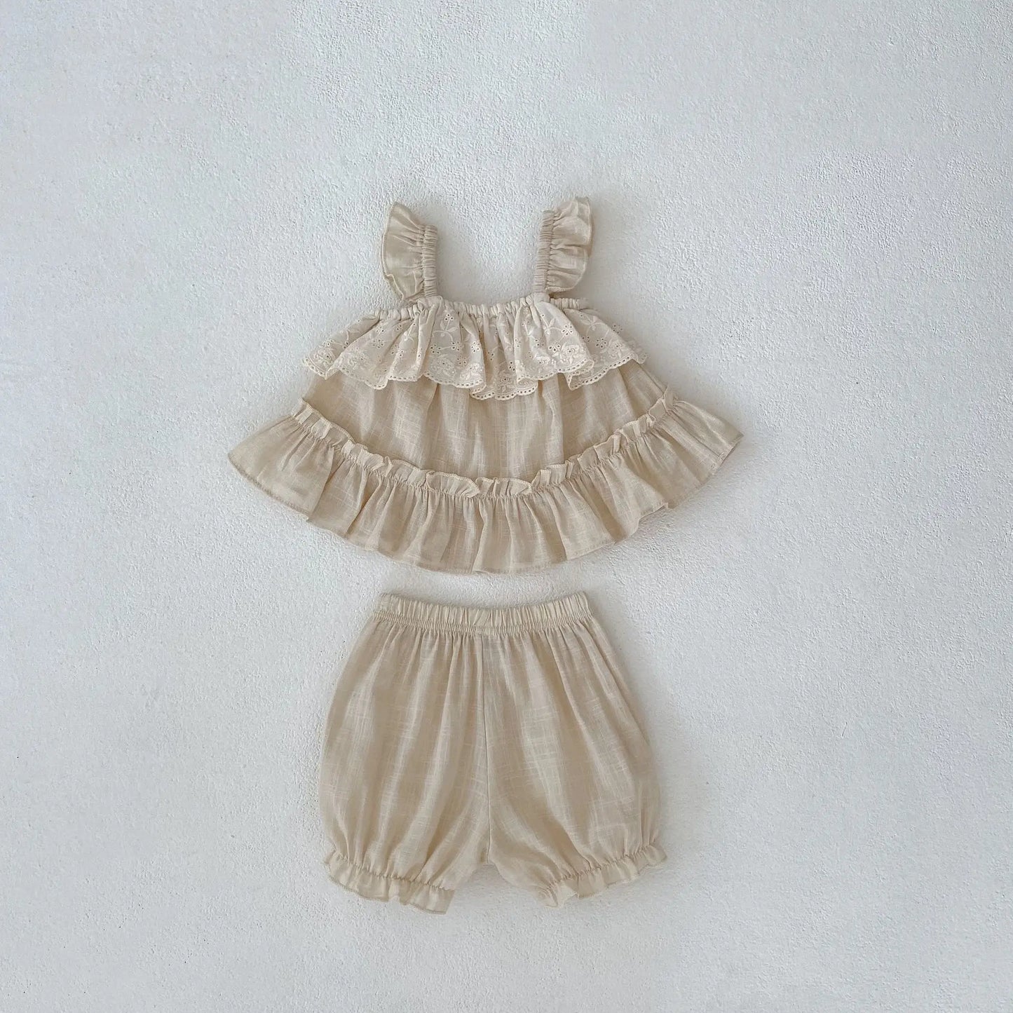 New Girl Infant Sweet Lace Suspenders Tops + Shorts 2pcs