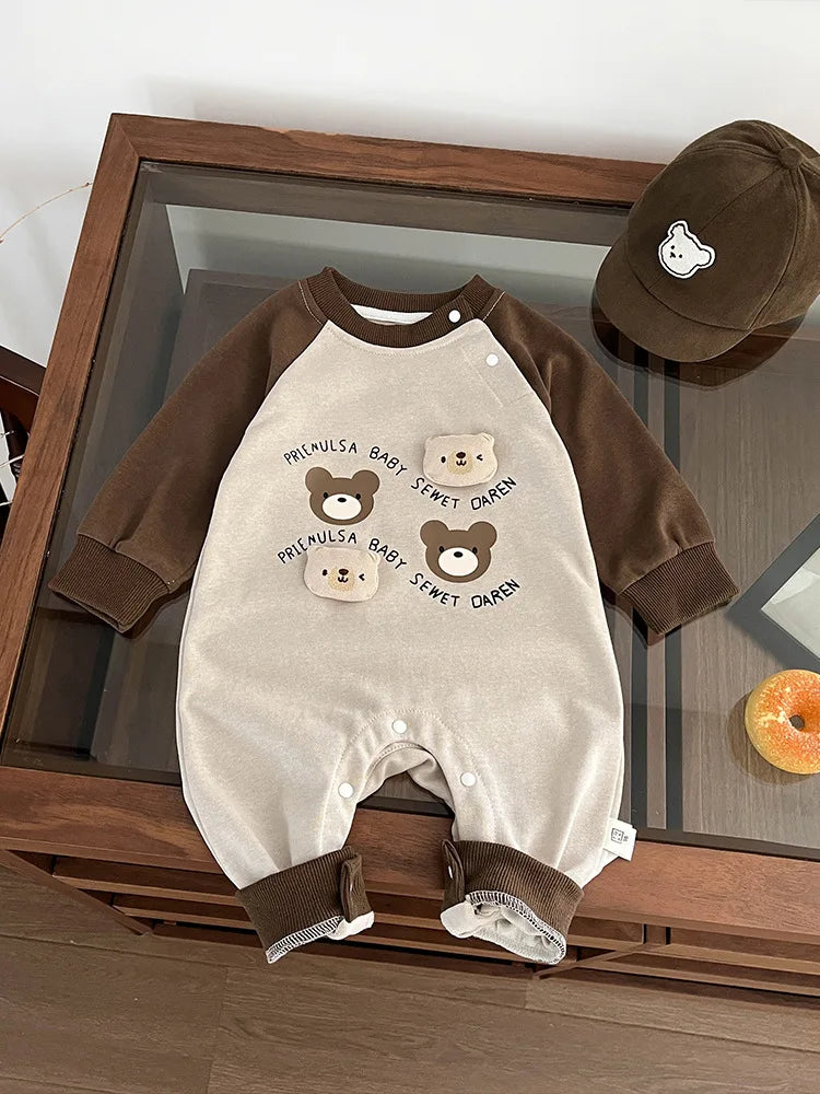 Baby Boy Cartoon Bear Raglan Sleeve Romper Cotton Infant Toddler Jumpsuit