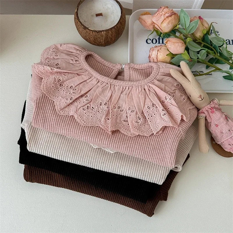 Girls Tops Ruffle Collar Long Sleeve T-Shirt