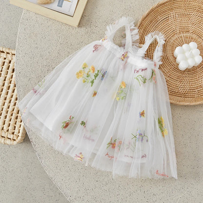 Little Girls Summer Princess Dress Sleeveless 3D Flower A-line Sweet Tulle Dresses