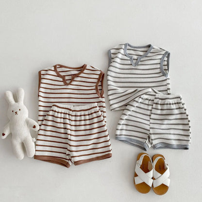 Boy Girl Baby Striped Sleeveless Tops+Shorts 2pcs Cotton Casual T-shirt Set