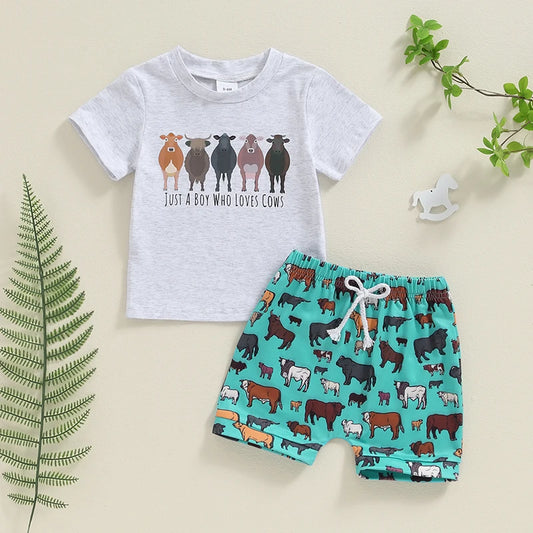 Baby Boy Western Outfits Short Sleeve Cow Print T-shirt Tops + Shorts Set