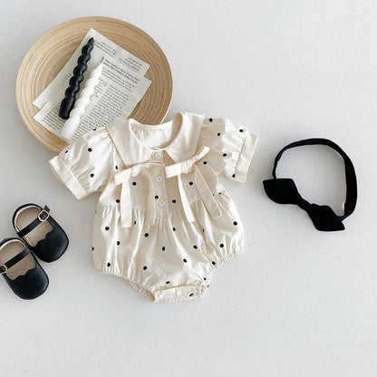 Newborn Girl Baby Cute Dots Short Sleeve Bodysuit + Hairband 2pcs Romper