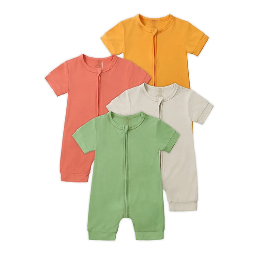 Baby Romper Bamboo Fiber 0-24Month Kids Material Short Sleeve Zipper Onesie Solid Color Bodysuits