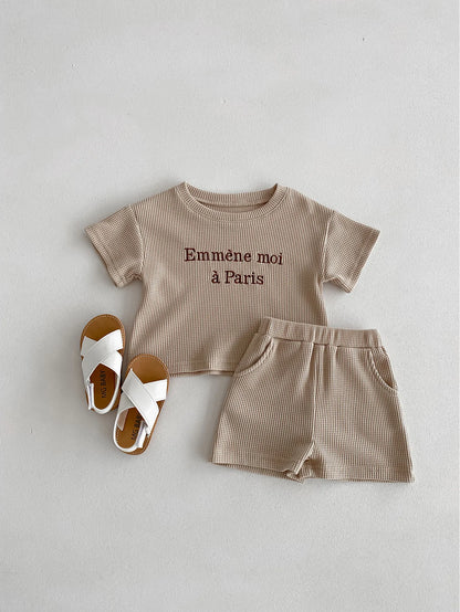 Infant Casual Outfits Boy Girl Children Waffle Letter Short Sleeve Tops + Shorts