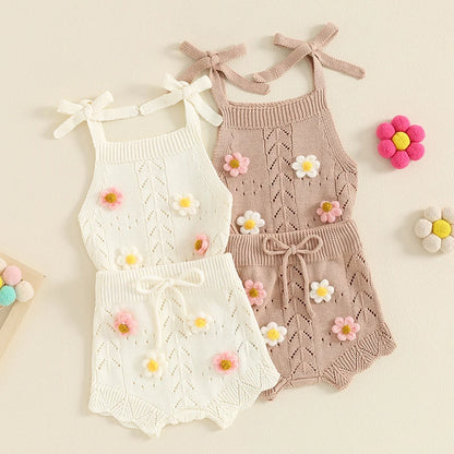 Baby Girls Tie-up Top + Camisole Elastic Waist Shorts Flower Pattern 2Pcs