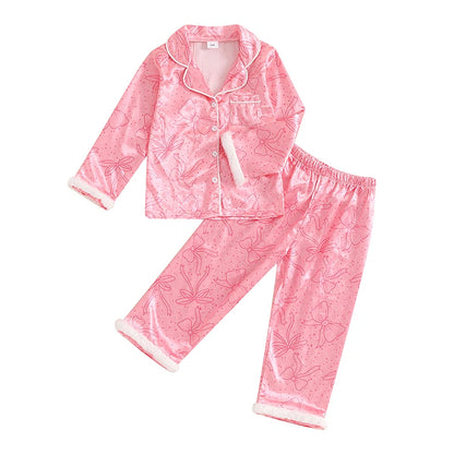 Little Girl Fall Satin Pajamas Set Bow Print Fuzzy Lapel Button Down Tops with Pants