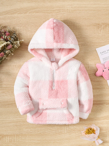 Little Girl Warm Long Sleeved Hoodie Top Cute Pink Plaid Jacket