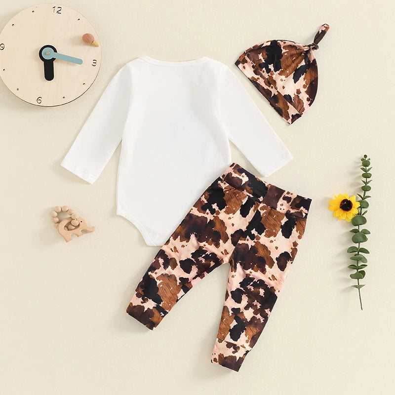 Baby Boys 3PCS Outfit Long Sleeve Letter Print Romper Herd Print Pants Hat Sets