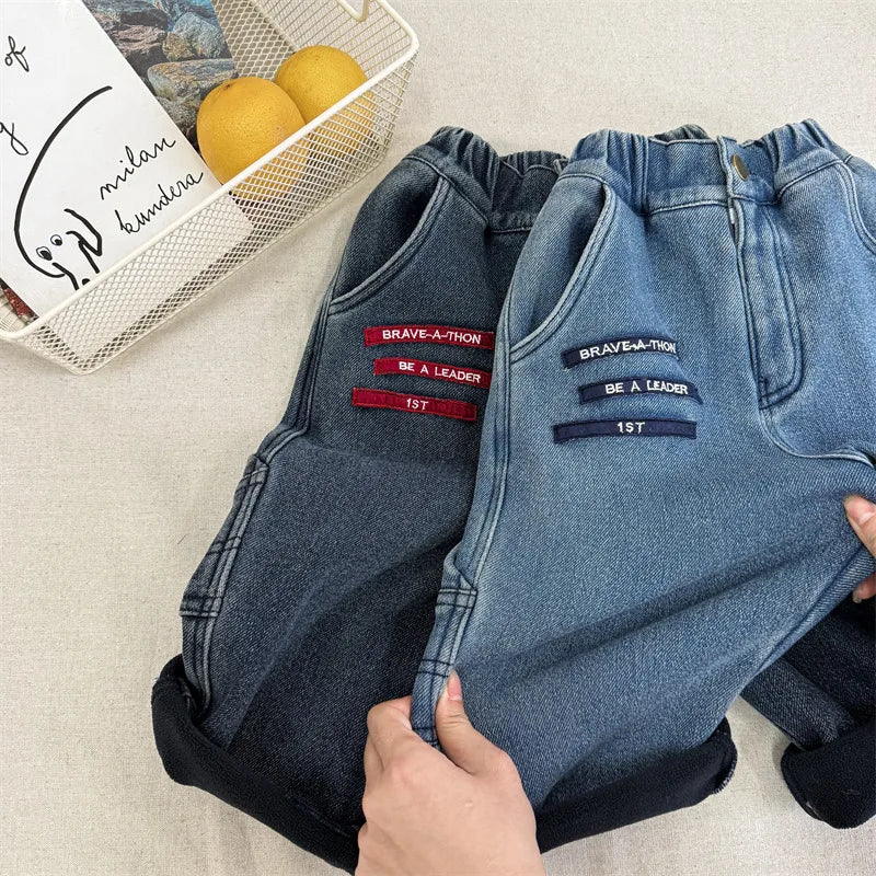 Boys Casual Pants Plus Velvet Thick Letter Embroidery Jeans