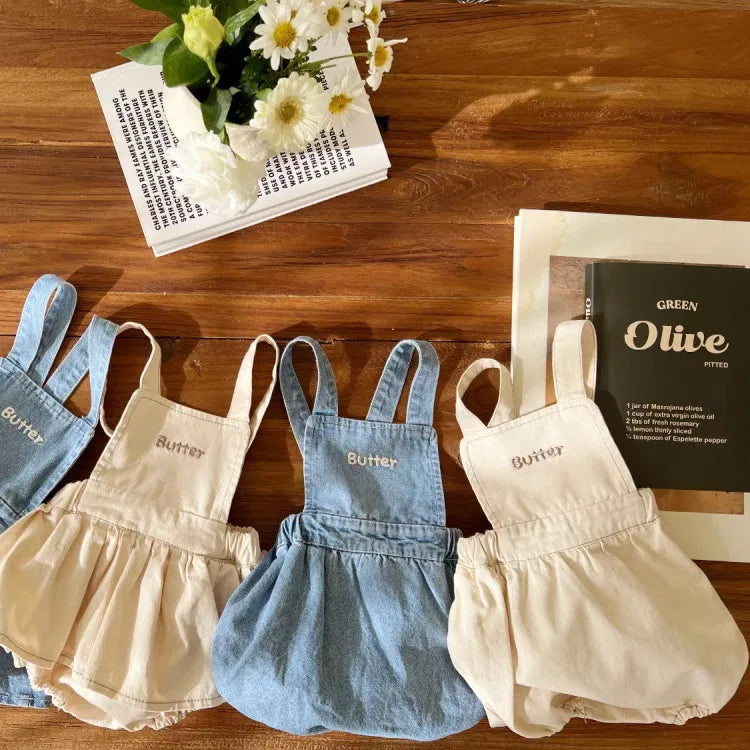 Newborn Sleeveless Embroidery Letter Denim Bodysuit Boy Girl Clothes