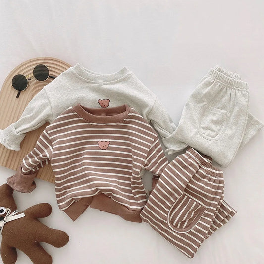 Children's Girl Boy Cartoon Bear Long Sleeve Tops + Pants 2pcs