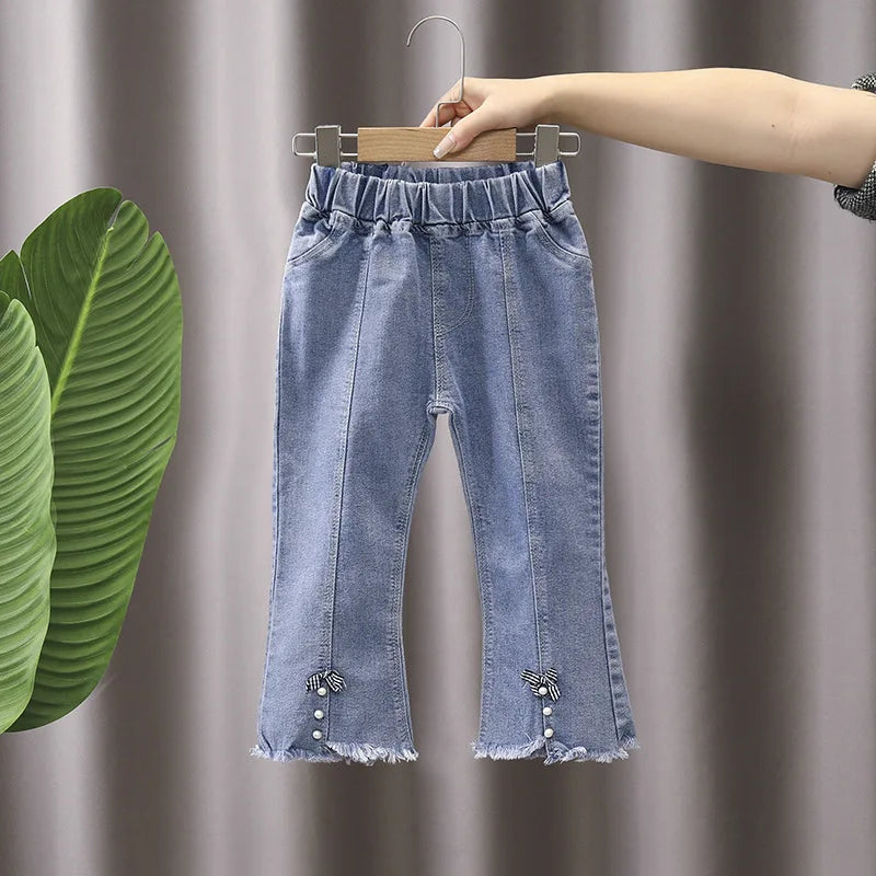 Girls Denim Pants Elastic Waist Mesh Bowknot Harem Baby Girls Pants