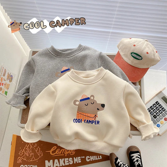 Children Fleece Sweatshirt New Baby Boys Warm Tops Girls Cartoon Print Pullover