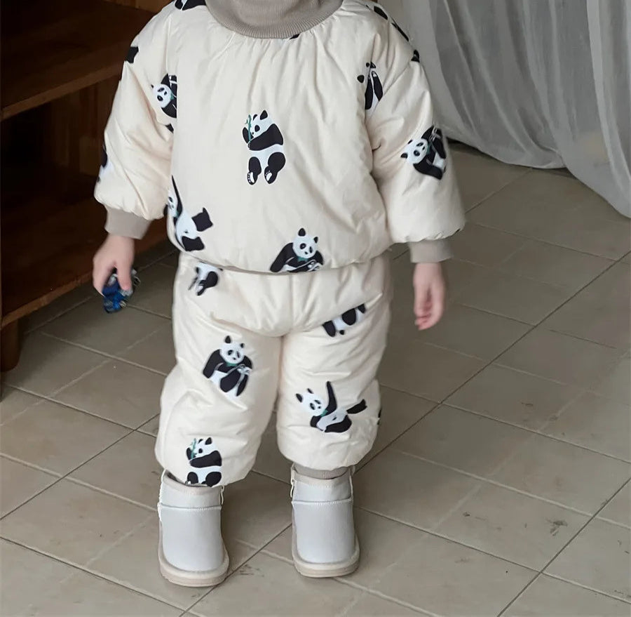 Boys Girls Cotton Padded Jacket + Pants Panda Print 2pcs Suit Children Outfits