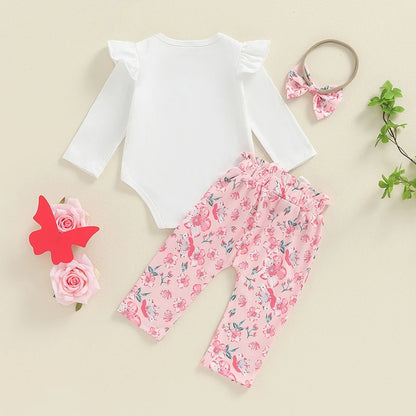 Baby Girls Flower Print Romper with Pants and Bowknot Headband Clothing Set