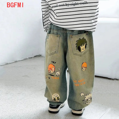 Boys Hole Letter Straight Leg Pants Teenager Jeans