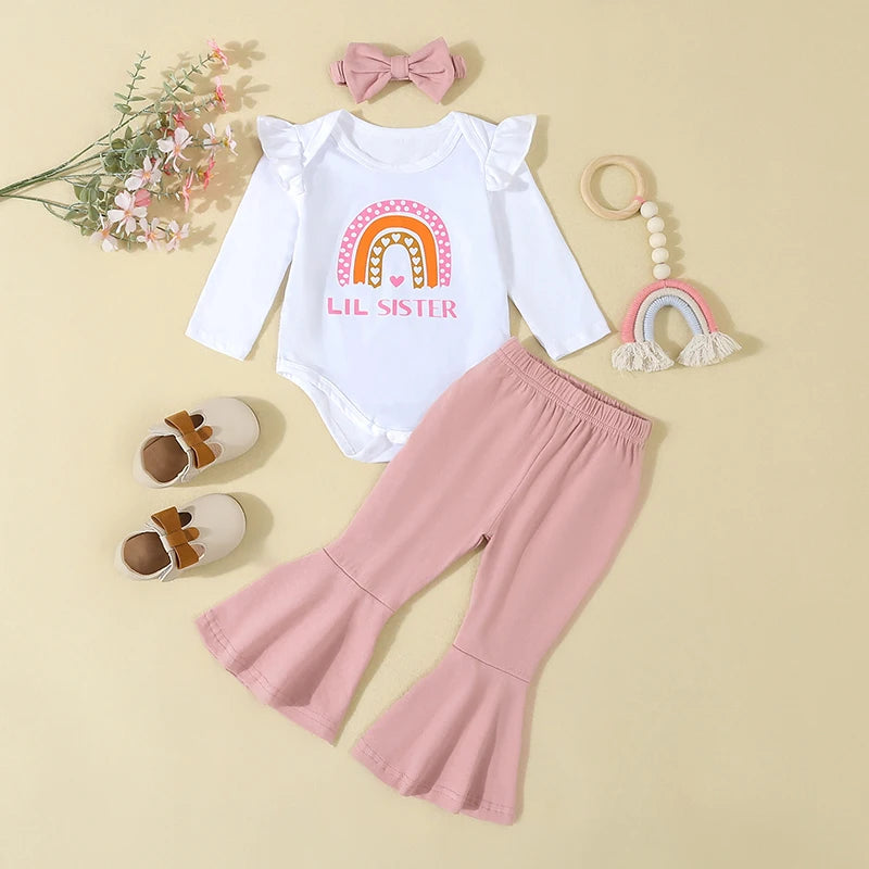 Baby Girls Rainbow Letter Print Romper Flare Pants Bow Headband 3 Piece Set