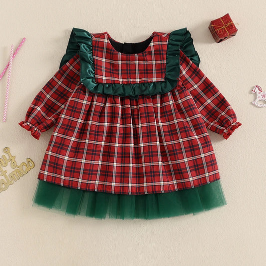 Girl Christmas Dress Casual Ruffles Plaid Print A-Line Dress for Toddler