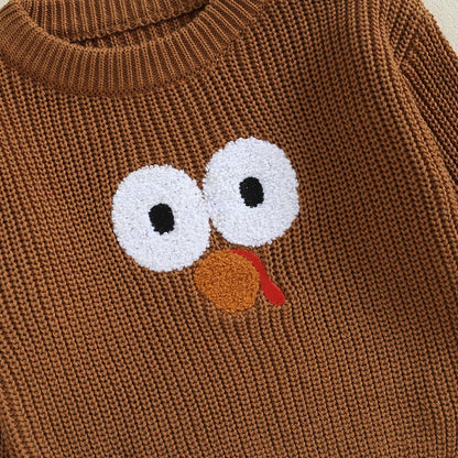 Boys Sweater Turkey Embroidery Crew Neck Long Sleeve Tops