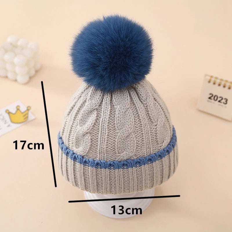 Baby Boys Knit Contrast Color Hats Winter Warm Baby Beanie Hat with Bobble