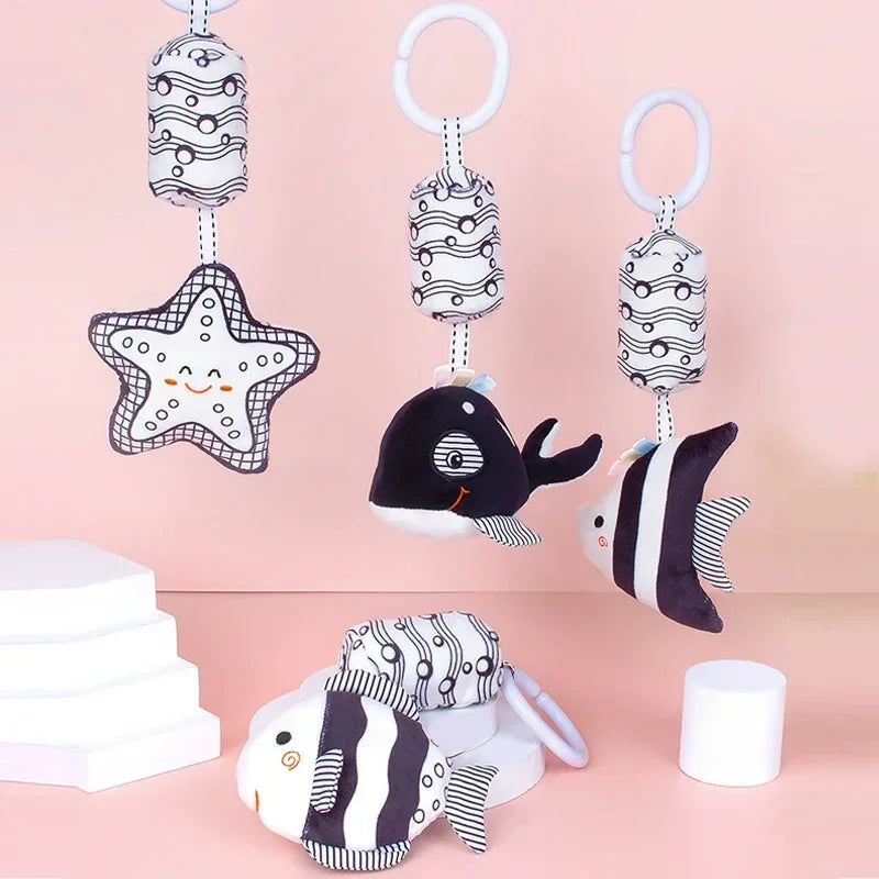 Newborn Black White Visual Grab Ability Training Toys Stroller Bed Hanging Bell Plush Doll