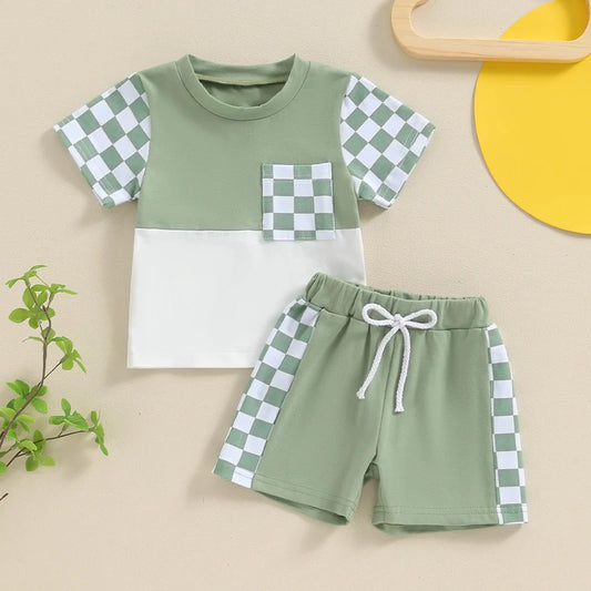 Short Sleeve Checkerboard Print Tops Drawstring Shorts Casual Outfits