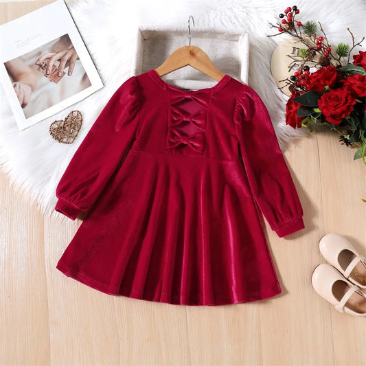 Baby Girl Velvet Dress Dress Back Hollow Out Bow Decoration Toddler Dress